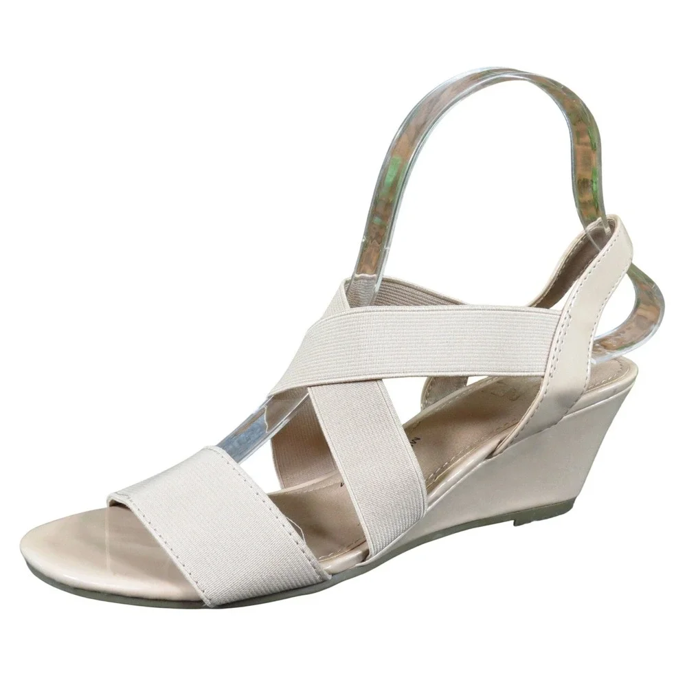 Time & Tru Women's Nude Elastic Wedge Sandals Comfort Casual Size 7 Wide